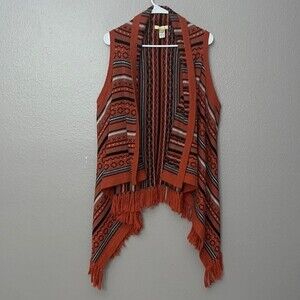 Cecico Womans Open Front Asymmetrical Sweater Vest With Fringe Rust Terra Cotta